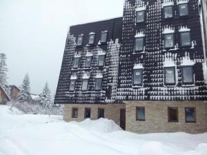 亚霍里纳Apartments and rooms Max-Well的一座被雪覆盖的建筑,周围积雪覆盖