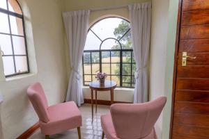 肯普顿帕克Airport Tower Lodge的一间设有两把粉红色椅子和窗户的房间