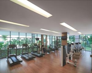 清迈Shangri-La Chiang Mai的大楼内带跑步机和椭圆机的健身房