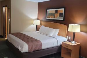 法戈Travelodge by Wyndham Fargo的酒店客房,配有一张带两盏灯的床