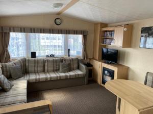 塔特舍尔3 bedroom 8 berth Standard Basic caravans with Hot Tub,Mountain Bikes的带沙发和电视的客厅