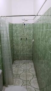 帕林廷斯Suítes em Parintins的浴室设有淋浴、卫生间和绿色瓷砖。