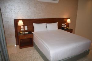 明亚Omar El Khayam Al Minya Hotel的一间卧室配有一张带2个床头柜和2盏灯的床。