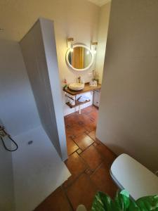 La TobaAlojamiento Rural Casa Inocente的一间带水槽、镜子和卫生间的浴室