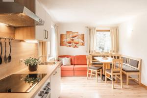 瓦尔奥纳的圣乔凡尼Apartments Silva Klausberg的厨房以及带桌子和沙发的客厅。