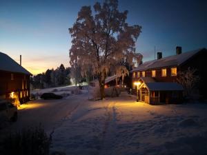 斯泰恩谢尔Yttervik gard的夜晚在雪中的房子,灯光照亮