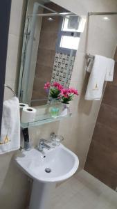 阿吉曼Paris Furnished Apartments - Tabasum Group的浴室设有水槽、镜子和粉红色的鲜花