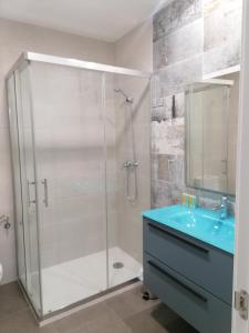 莫利纳德亚拉贡Apartamentos El Cid的带淋浴和蓝色水槽的浴室