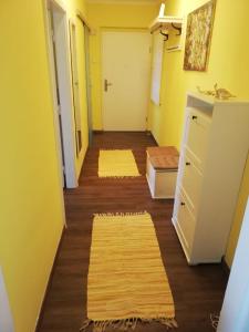 格拉茨Apartment Graz Lustbuhel的走廊设有黄色的墙壁、木地板和地毯