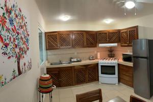 圣克鲁斯华特库El Colorín, a condo in the heart of Huatulco的厨房配有木制橱柜和冰箱。