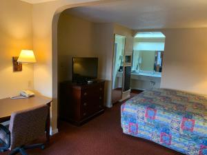 普莱森顿Pleasanton Executive Inn的酒店客房配有一张床、一张书桌和一台电视。