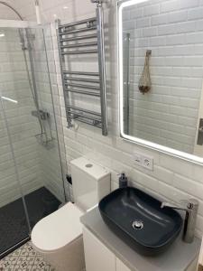 马德里富恩卡拉尔公寓酒店的浴室配有卫生间、盥洗盆和淋浴。