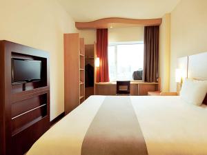 卢顿伦敦卢顿机场宜必思酒店的酒店客房设有一张大床和一台电视。