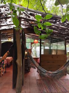 戈亚斯州上帕莱索Mariri Jungle Lodge的大楼中间的吊床,配有桌子