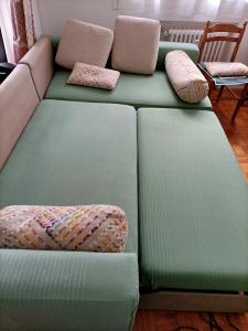 维勒班Charmant 3 pièces 10 min de Lyon的客厅配有带枕头的绿色沙发