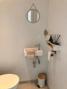 奥斯坦德Luxury Seaview Apartment with free private garage的一间带水槽、卫生间和镜子的浴室