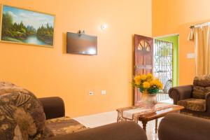 蒙特哥贝Perfect vacation villa的客厅设有橙色墙壁和电视