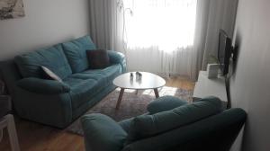 波兹南Powstańców Wielkopolskich 12的客厅配有蓝色的沙发和桌子