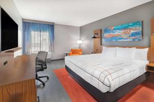 斯托克顿堡La Quinta Inn & Suites by Wyndham Fort Stockton Northeast的酒店客房设有一张大床和一张书桌。