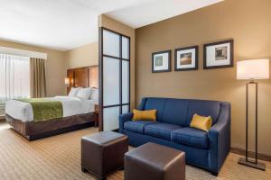 圣安东尼奥Comfort Suites San Antonio Airport North的酒店客房,配有床和蓝色的沙发