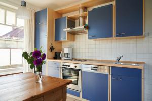 奥斯特巴德里克Sonneneck Rerik的厨房配有蓝色橱柜和紫色花瓶