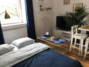 华沙Blue Dior Apartment Warsaw的一间卧室配有一张床、一张桌子和一台电视。