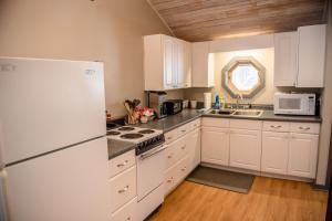 GoshenBrook Road Cabin的厨房配有白色家电和白色冰箱