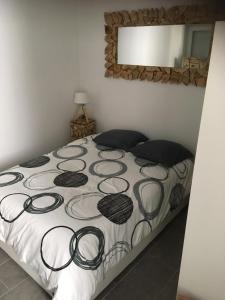 多勒L’appartement charmant的一间卧室配有一张带黑白毯子的床