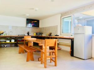 扎达尔Backpackers Home的厨房配有木桌和冰箱。