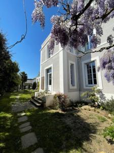 绍莱Maison Latour的前面有一棵开花的树的白色房子