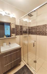 萨尔瓦尔Holiday Apartman的一间带玻璃淋浴和水槽的浴室
