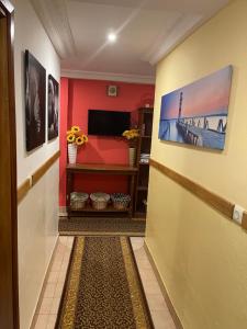 雅温得Homestay Appartement 2 chambres的走廊上设有红色的墙壁,墙上挂着一幅画