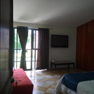 科米坦德多明格斯Hotel Casa Caelum的一间卧室设有一张床、一台电视和一个窗口。
