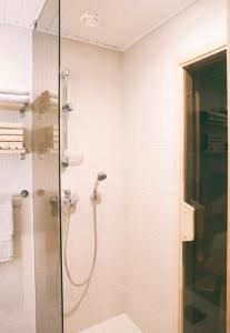 哈普萨卢Linnuse Apartement的浴室里设有玻璃门淋浴