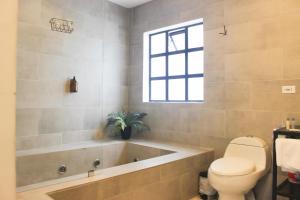 麦德林574 Hotel的带浴缸、卫生间和窗户的浴室