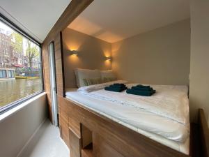 阿姆斯特丹Houseboat Sophia的一间卧室,船上配有一张大床