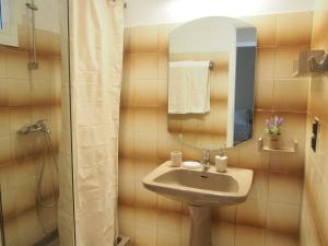 LoútsaiCasa Tierra Loutses的一间带水槽、镜子和淋浴的浴室