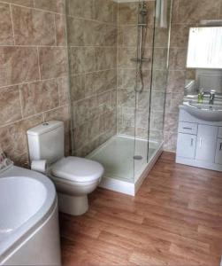 伯明翰Westbourne Lodge的浴室配有卫生间、淋浴和盥洗盆。