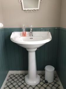 斯特兰达欧沃沃尔农场民宿的浴室设有白色水槽和绿色的墙壁