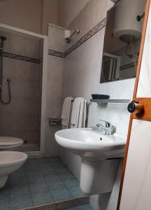 焦维纳佐Hotel mediterraneo的一间带水槽、卫生间和淋浴的浴室