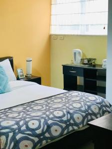 波哥大Casa Prada Bed & Breakfast的一间卧室配有一张床、一张书桌和一个窗户。