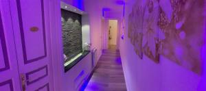 墨西拿Messina41 Hotel的墙上有鱼缸的紫色走廊