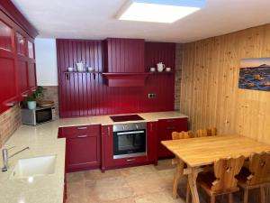 派克波特斯耐兹库Apartmany Na Salasi的厨房配有红色橱柜和木桌