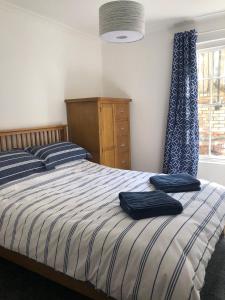 法尔茅斯Bank Place的一间卧室配有一张带蓝色窗帘的床和一扇窗户