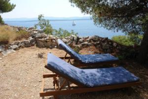 NerežišćeA small stone house by the sea, in a wineyard的两把躺椅,享有水景