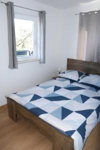 佐尔尼耶戈迪M&M Apartment的窗户客房内的一张蓝色和白色的床