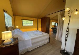 罗西尼亚诺马里蒂莫Glamping Tenuta San Pierino Agriturismo的一间卧室配有一张床、一张桌子和一面镜子