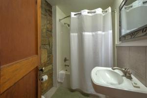 Linville FallsLinville Falls Lodge & Cottages的一间带水槽和淋浴帘的浴室
