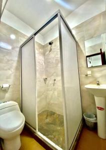 塔甘加Hostal Aurora, Smith Lodging的带淋浴、卫生间和盥洗盆的浴室