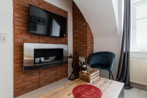 SillwegSofia Apartment & Zimmer的客厅设有砖砌壁炉,墙上配有电视
